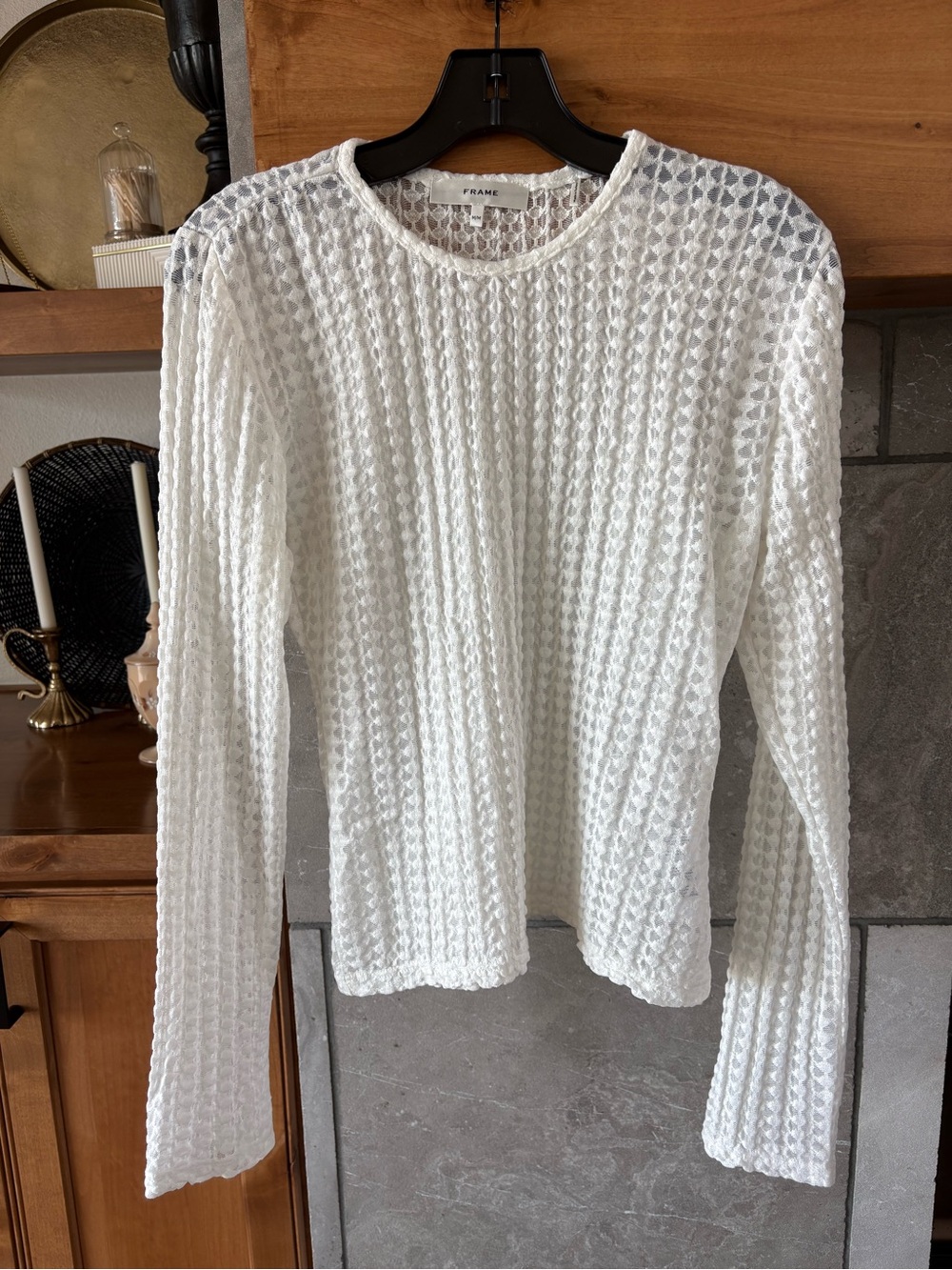 Frame Denim White Textured Open-Knit Long Sleeve Top